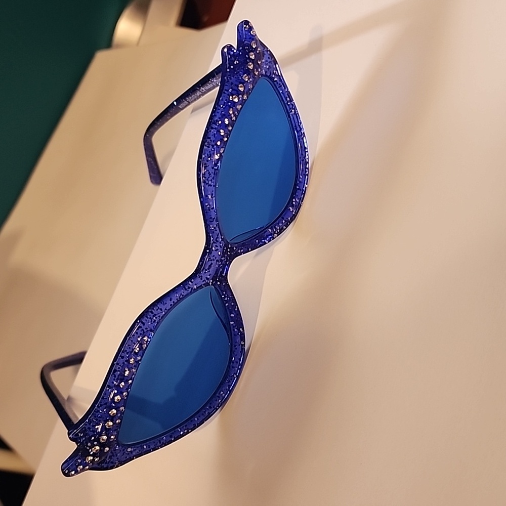 Blue sparkle rhinestone cat eye glasses with blue tinted lenses
